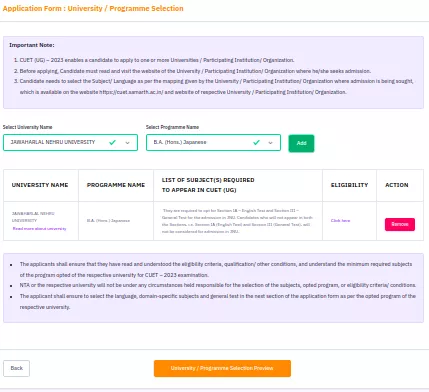 University and Programme Selection - CUET Registration